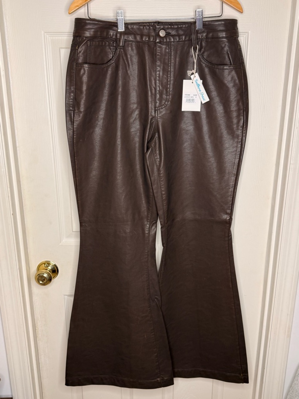 Southern Grace Brown Faux Leather Flare Pants High Rise Wide Leg NWT 12 - Picture 4 of 9
